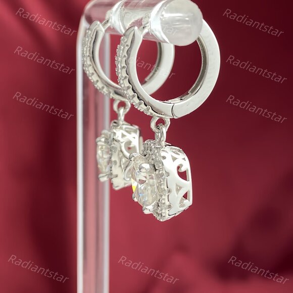 NEW Certified 2ct. t.w. Moissanite Halo Dangle Huggie Hoop Earrings - Picture 3 of 7